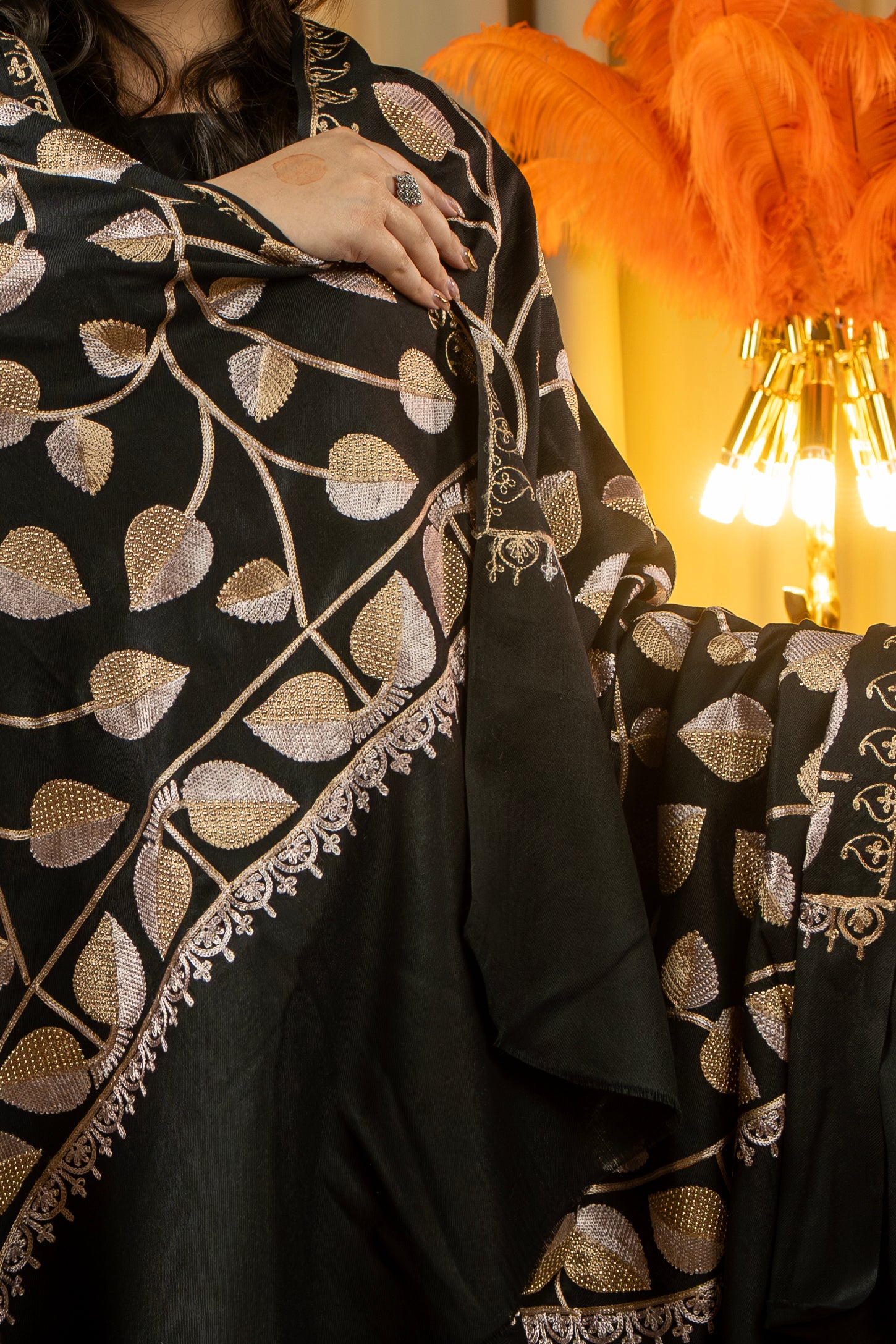 Aari Embroidered Black Poly Wool Shawl With Swarovski For Women